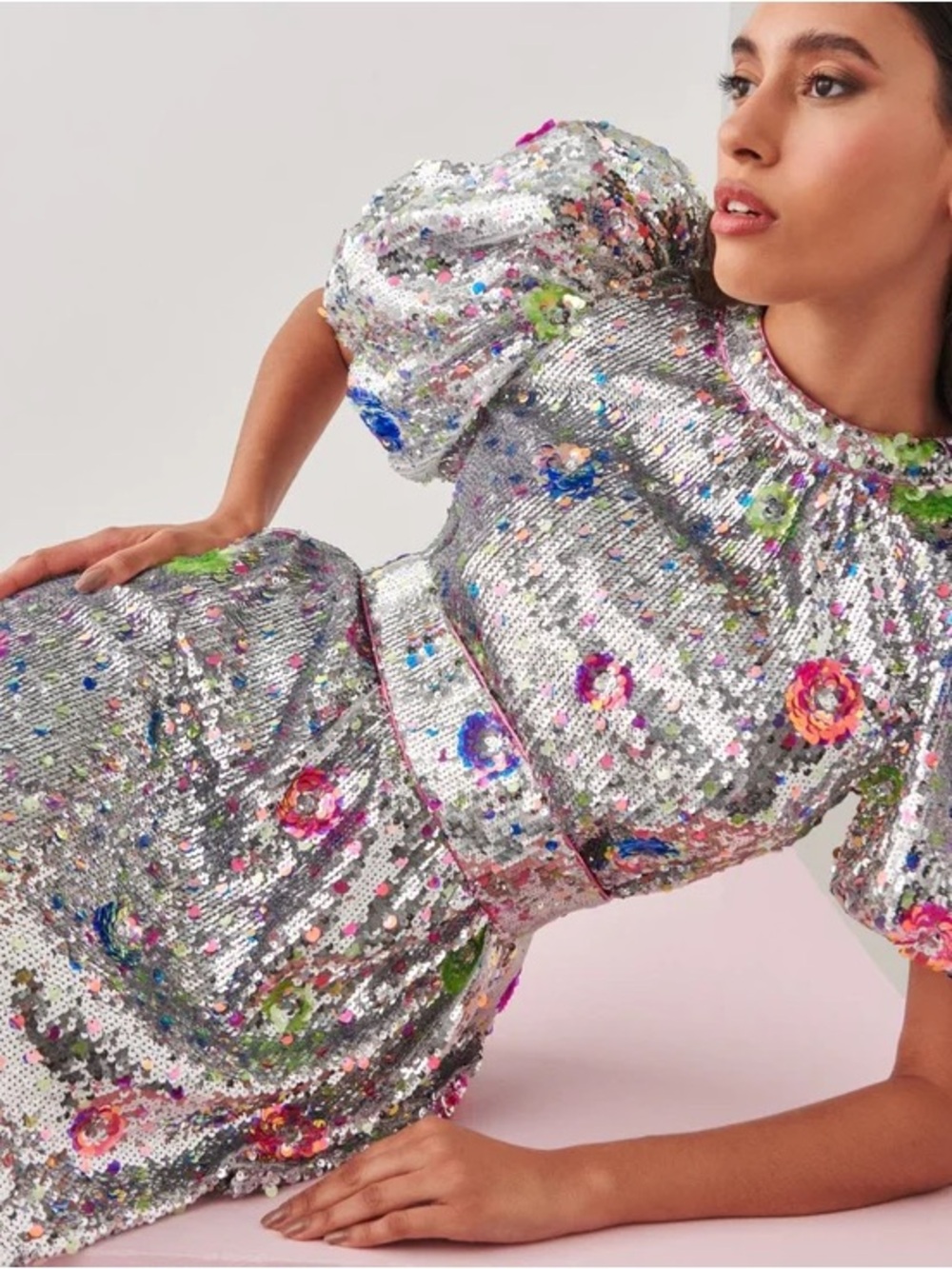 Celia B Wonderer Dress Silver Sequin Party Dress with Multicolor Floral Accents